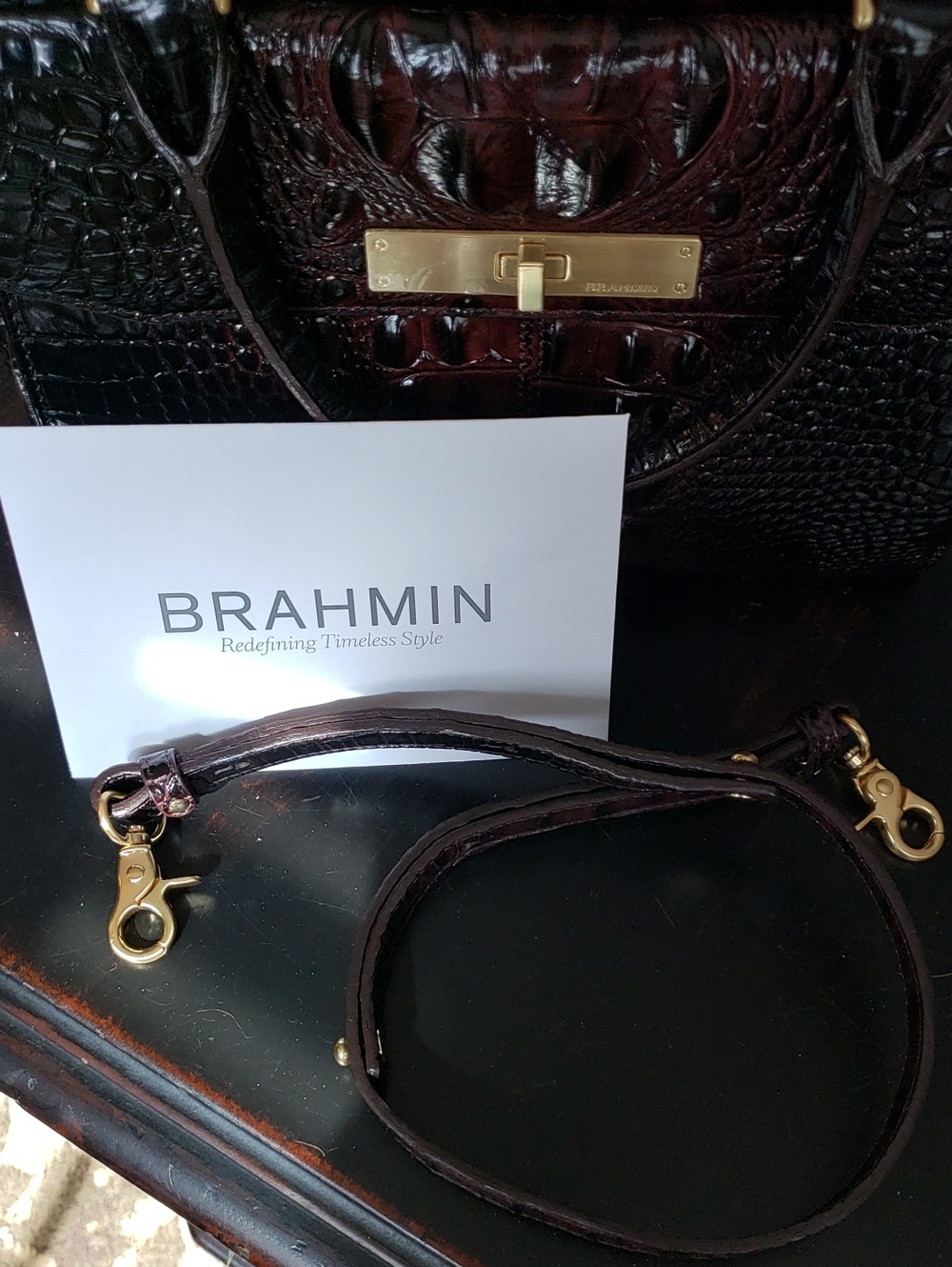 Brahmin MALIA Croc-Embossed Satchel with Gold Hardware in Rich Cocoa - Picture 9 of 9
